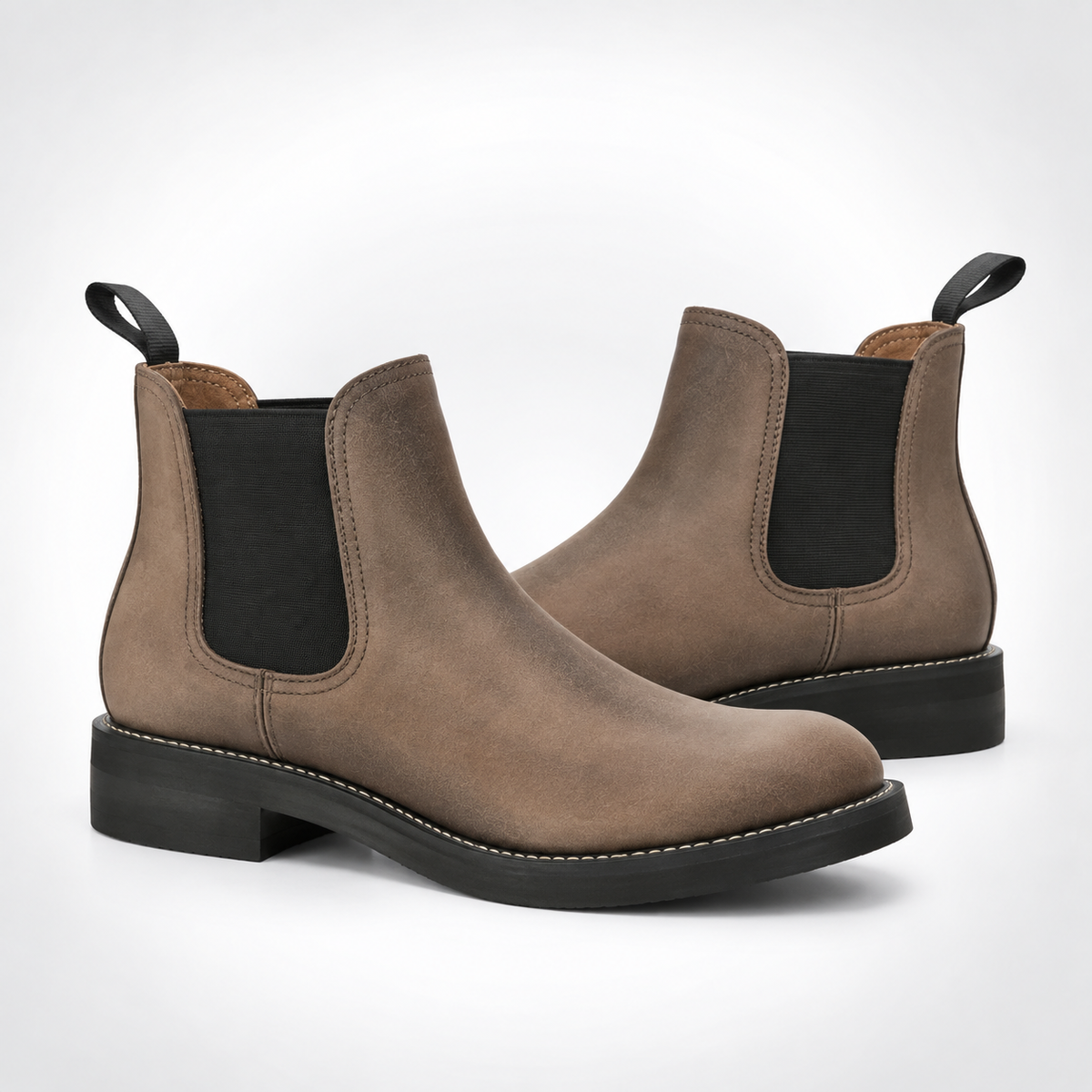 Mens Mocha Nubuck Chelsea Boots - Black Sole Grosgrain Tab Stacked Block Heel
