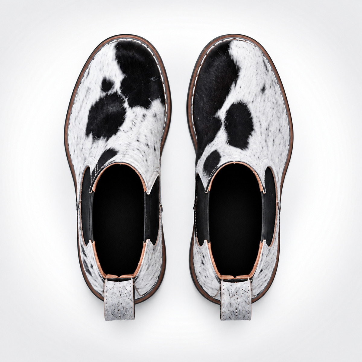 Mens Black White Cowhide Hair-On Chelsea Boots - Ribbed Gusset Lug Sole
