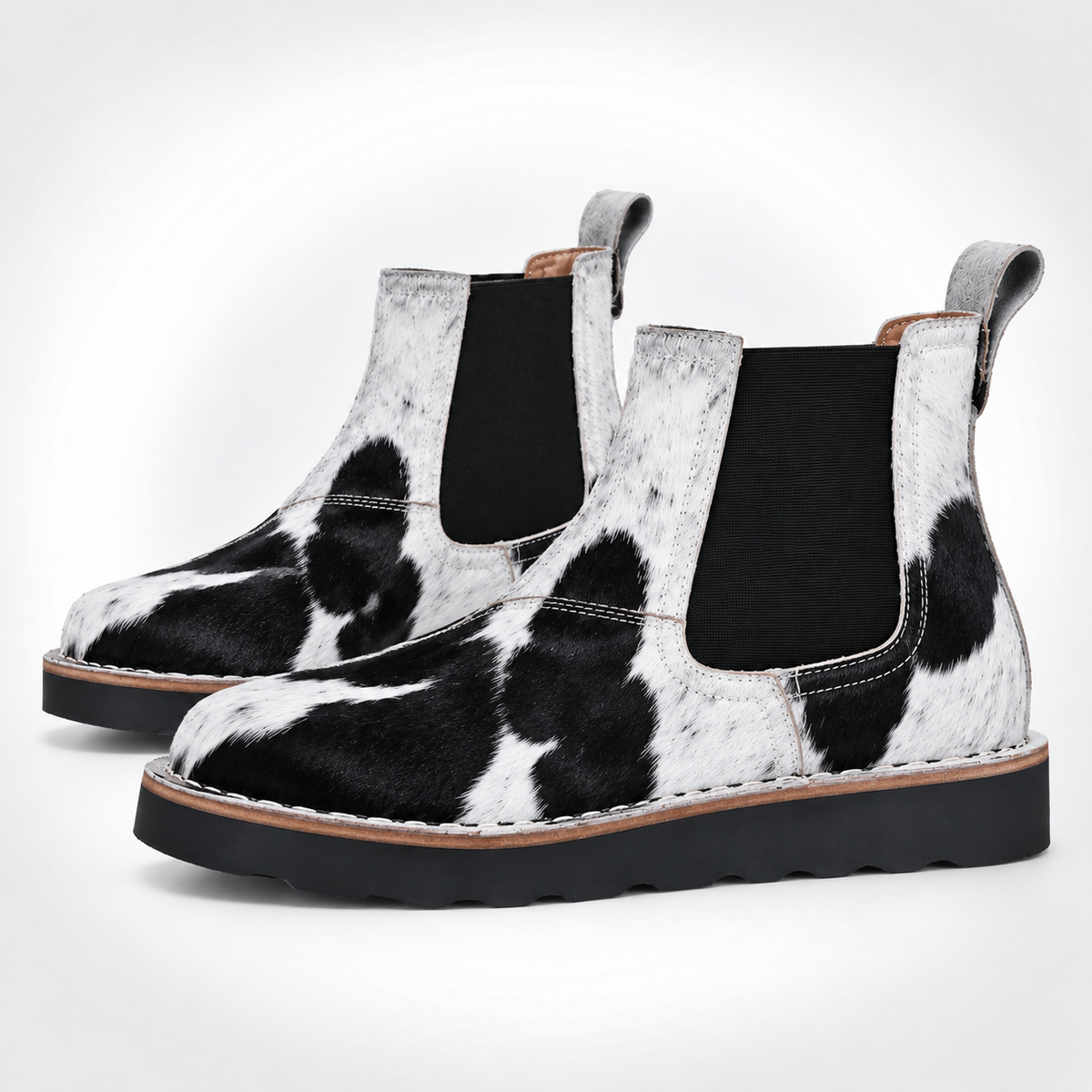 Mens Black White Cowhide Hair-On Chelsea Boots - Ribbed Gusset Lug Sole