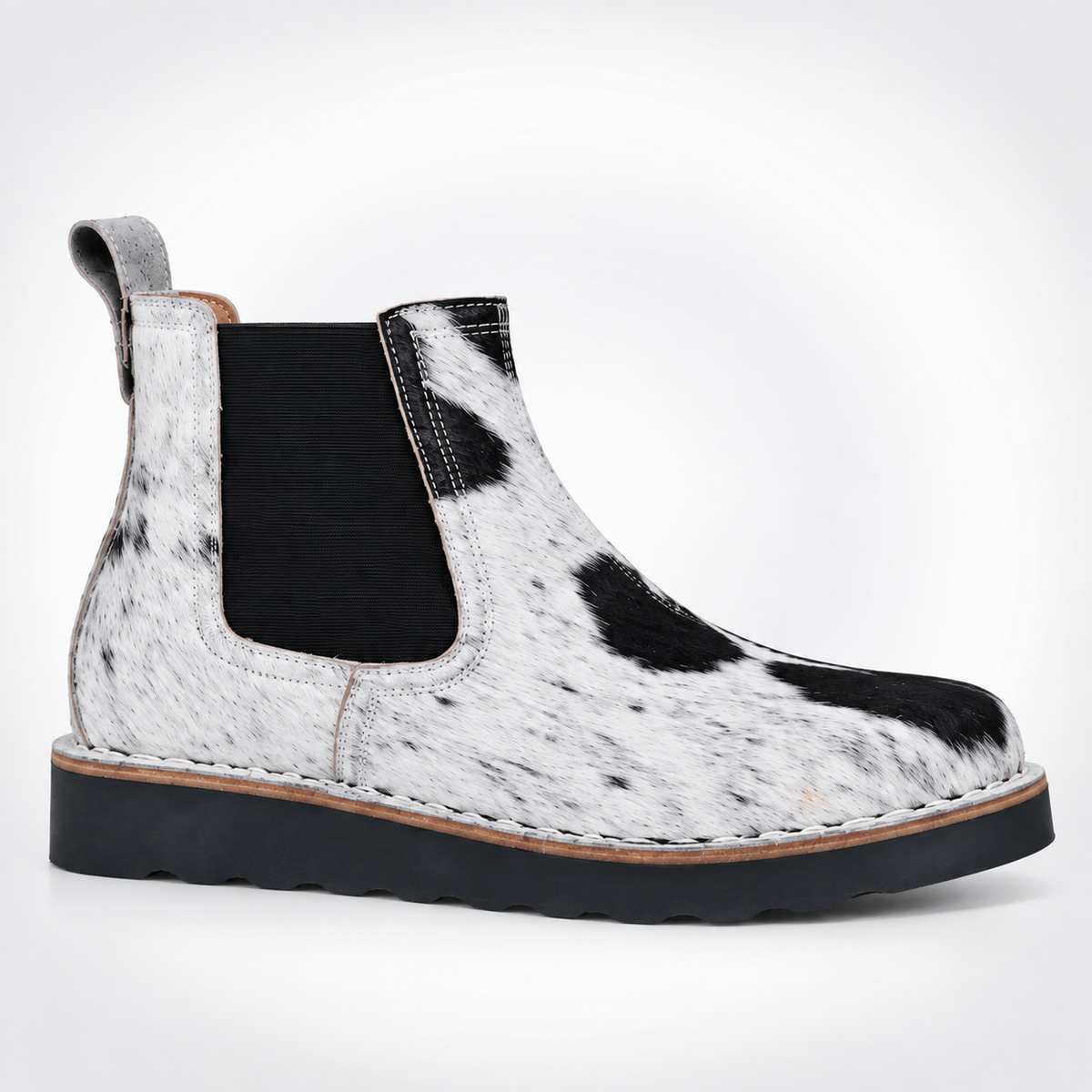 Mens Black White Cowhide Hair-On Chelsea Boots - Ribbed Gusset Lug Sole