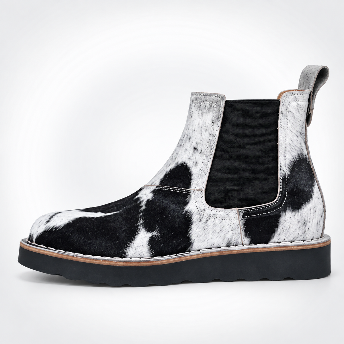 Mens Black White Cowhide Hair-On Chelsea Boots - Ribbed Gusset Lug Sole