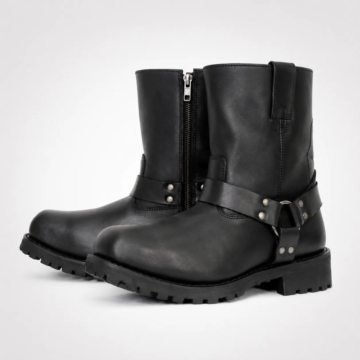 Mens Black Pull-On Harness Boots - D-Ring Rivet Lug Sole