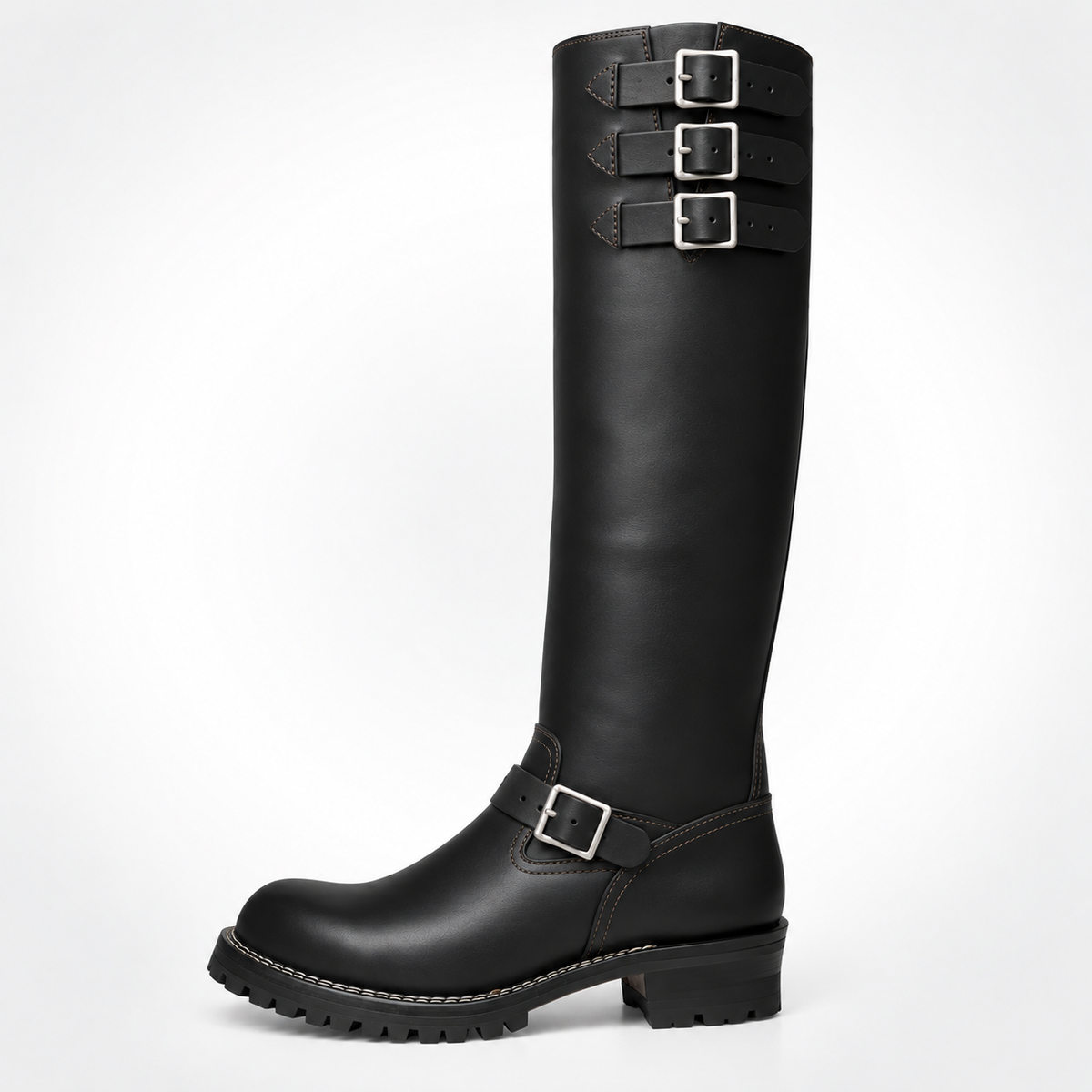 Mens Black Knee-High Triple Buckle Engineer Boots - Oiled Leather Ankle Strap Flat Heel