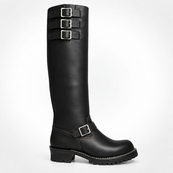 Mens Black Knee-High Triple Buckle Engineer Boots - Oiled Leather Ankle Strap Flat Heel