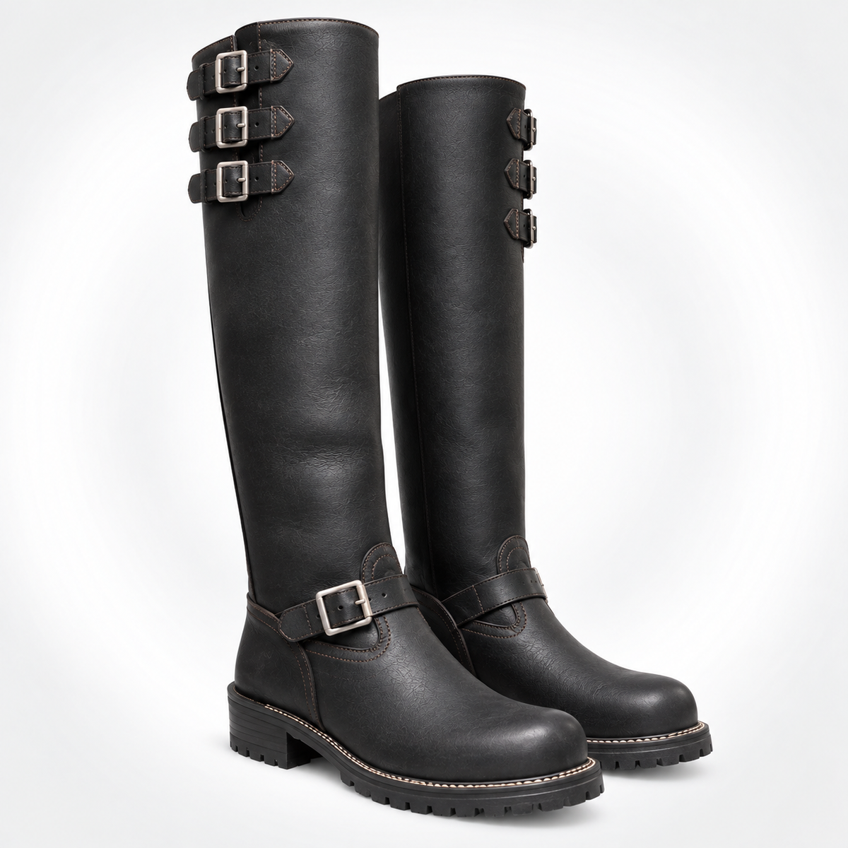 Mens Black Knee-High Triple Buckle Engineer Boots - Oiled Leather Ankle Strap Flat Heel