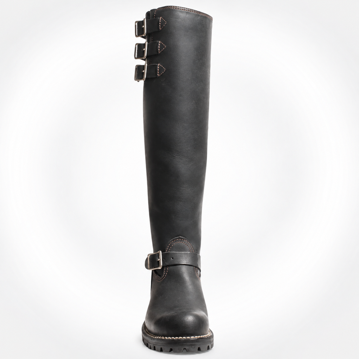 Mens Black Knee-High Triple Buckle Engineer Boots - Oiled Leather Ankle Strap Flat Heel
