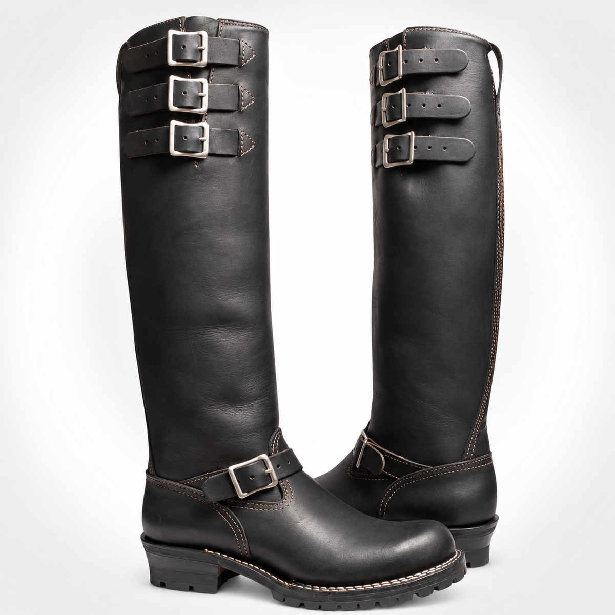 Mens Black Knee-High Triple Buckle Engineer Boots - Oiled Leather Ankle Strap Flat Heel