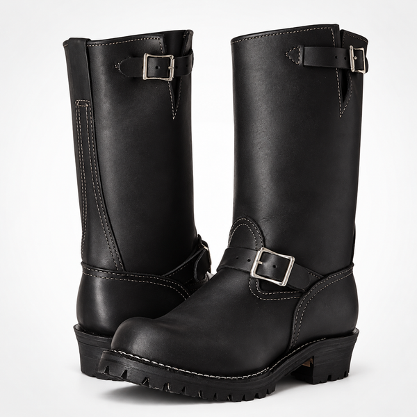 The Road Boss Leather Engineer Boots - Single Ankle Buckle Diamond Cuff Tab