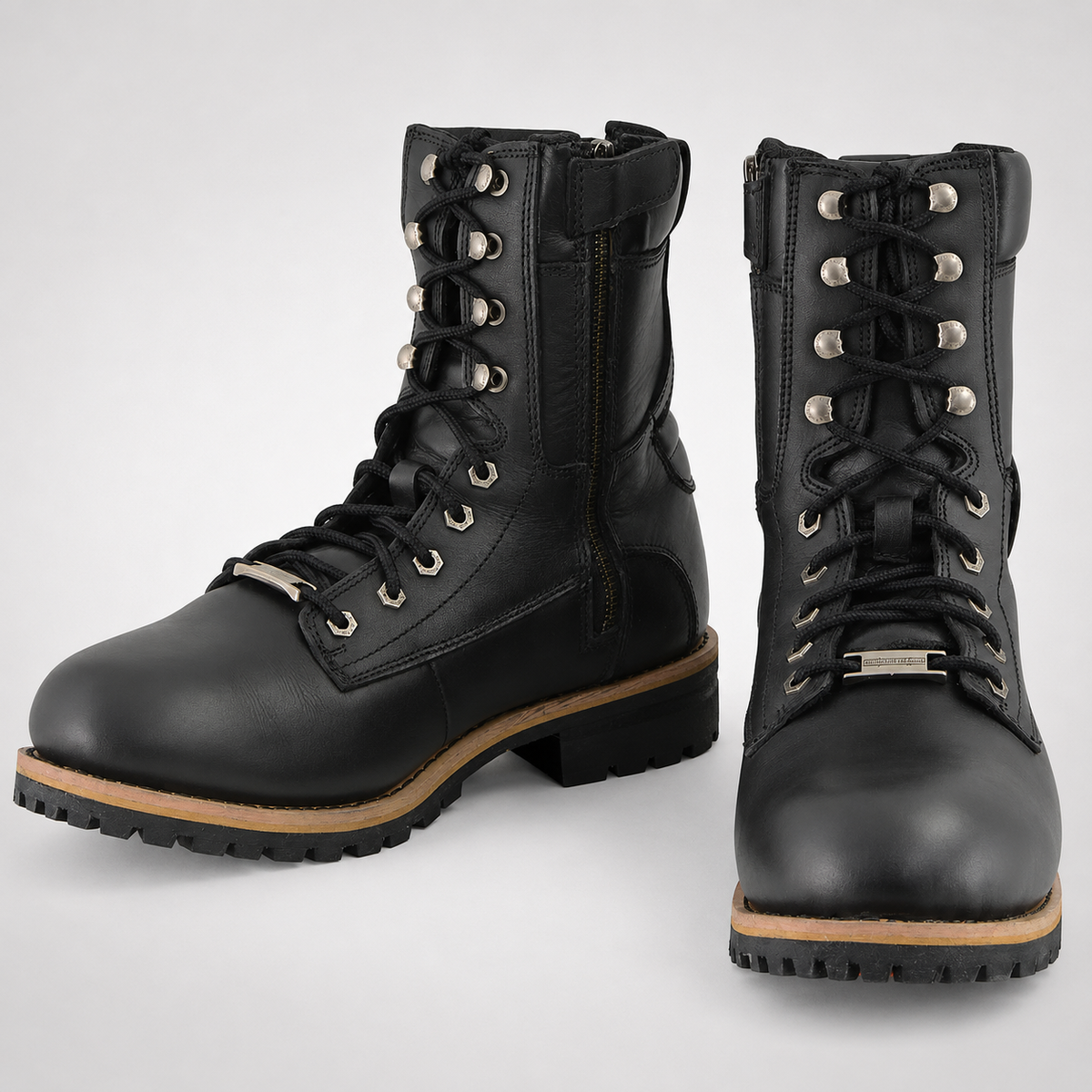 Mens Black Leather Logger Boots - Speed Hook Orange Grip Sole