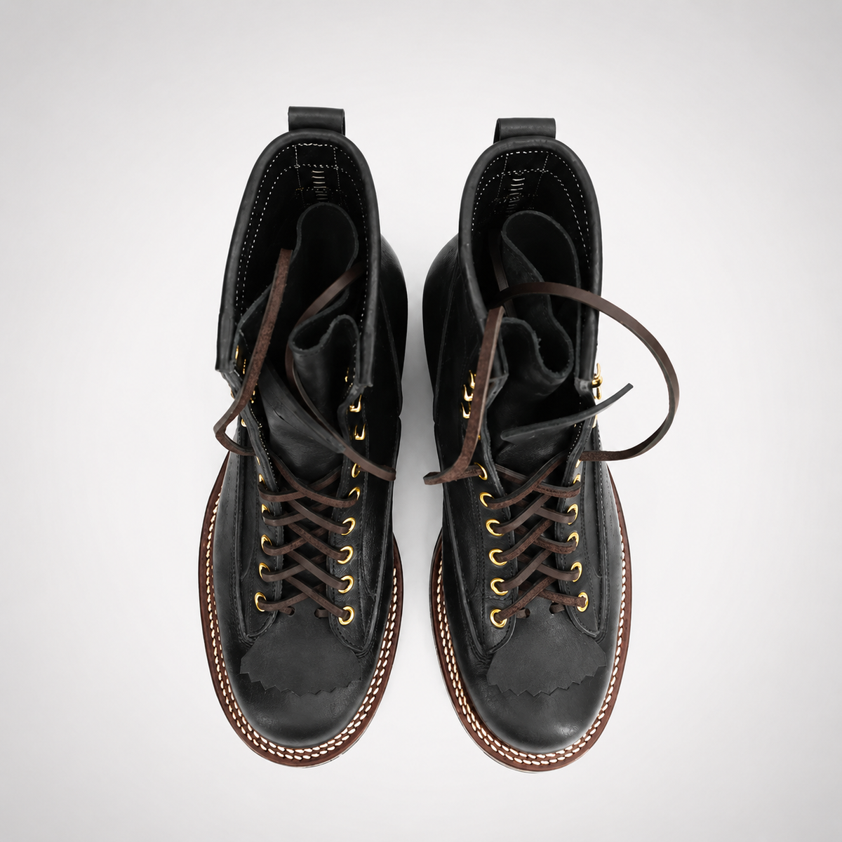 Mens Black Heritage Trail Boots - Moc Toe Gold Eyelet Welt Sole