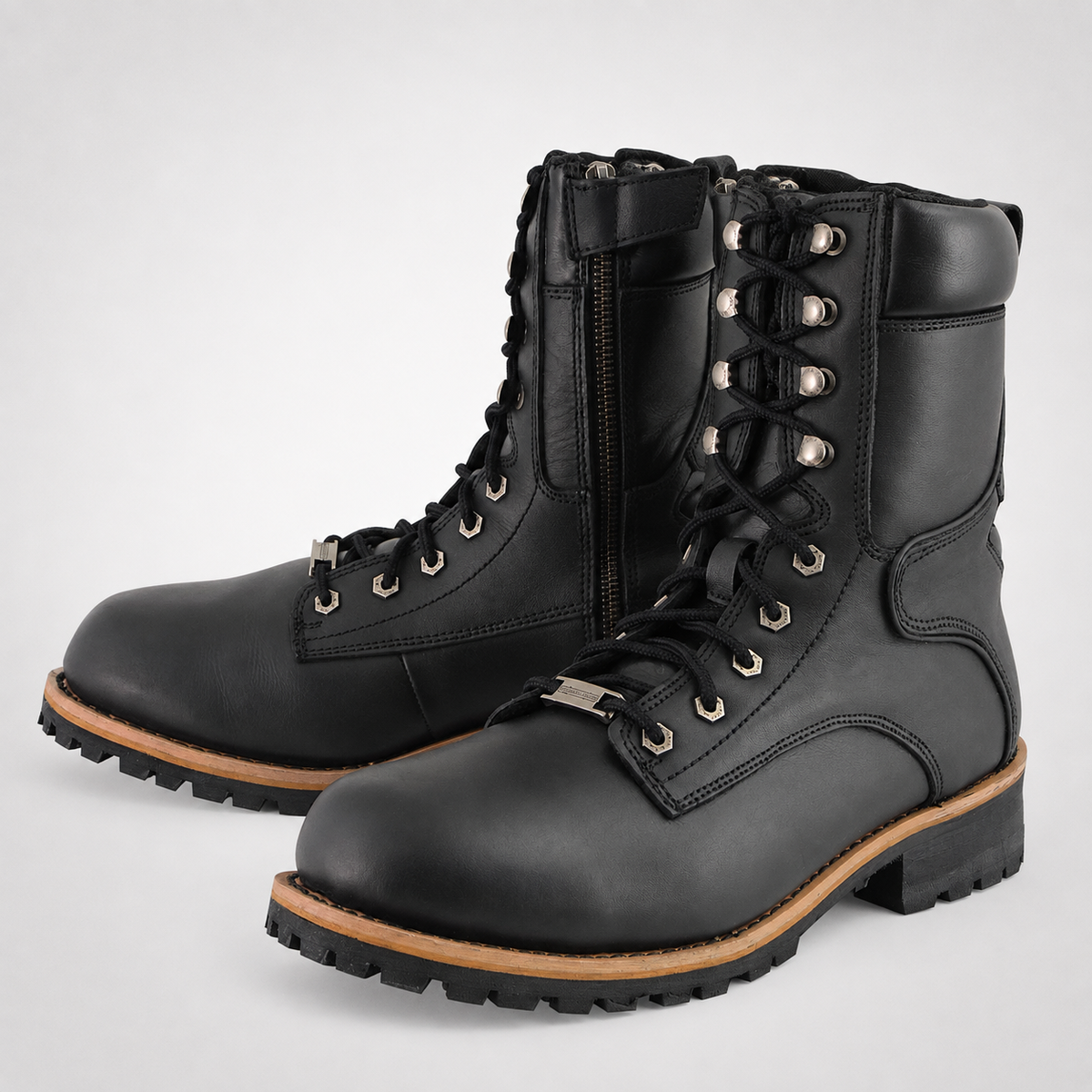 Mens Black Leather Logger Boots - Speed Hook Orange Grip Sole