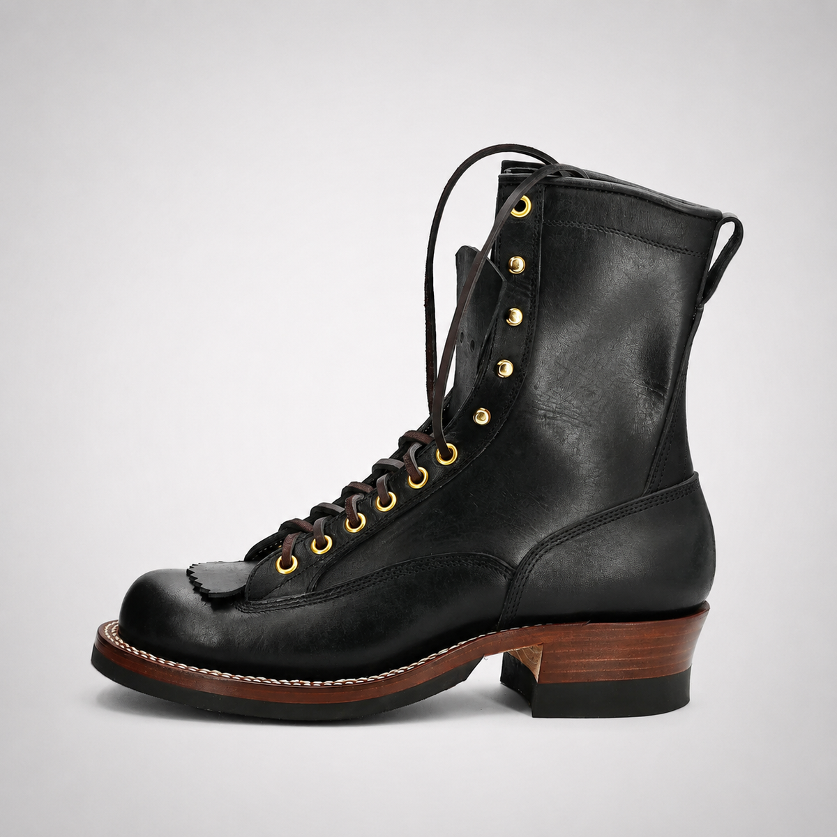 Mens Black Heritage Trail Boots - Moc Toe Gold Eyelet Welt Sole