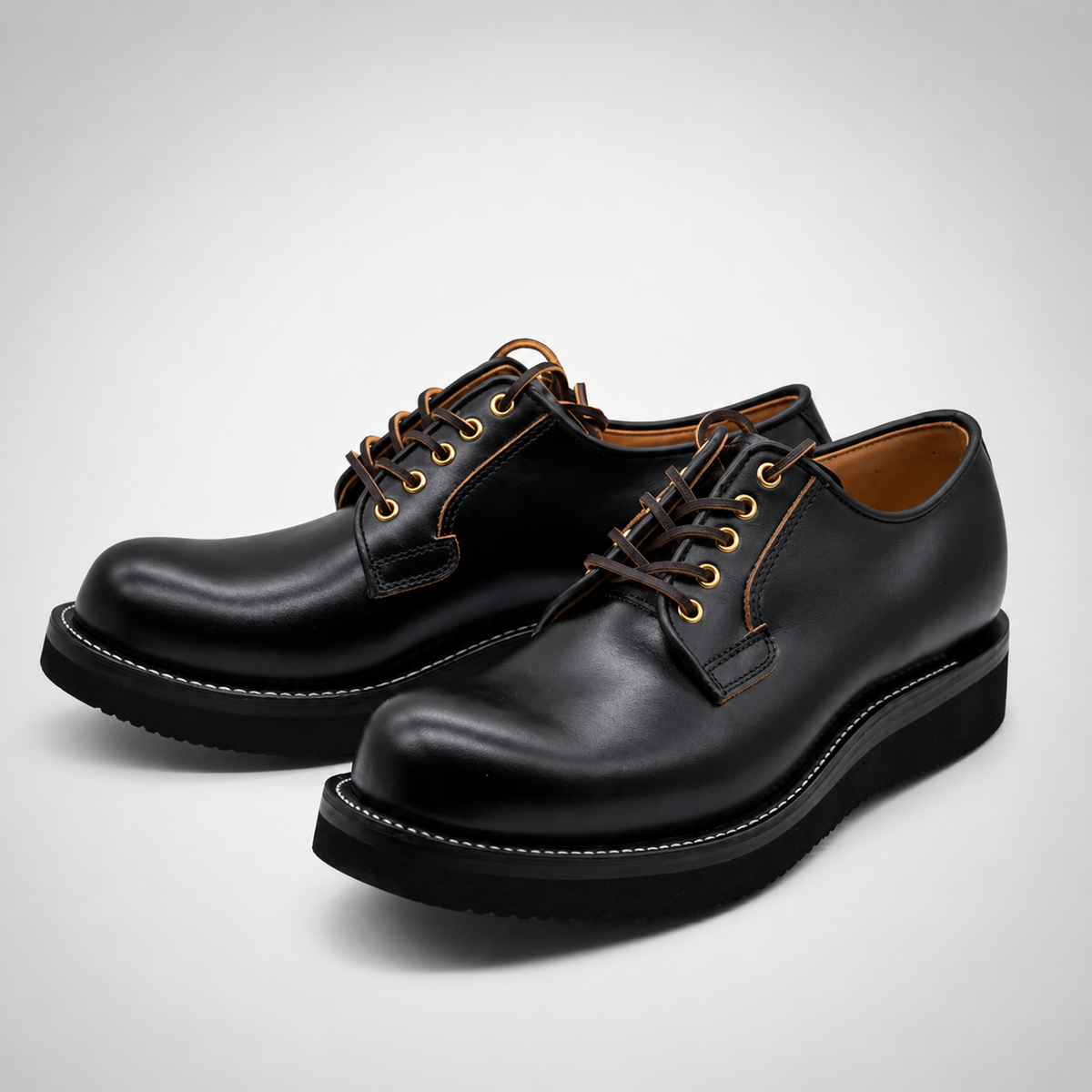 Mens Black Chromexcel Leather Gold Eyelet Oxford Derby Shoes - Welt Stitch Crepe Sole