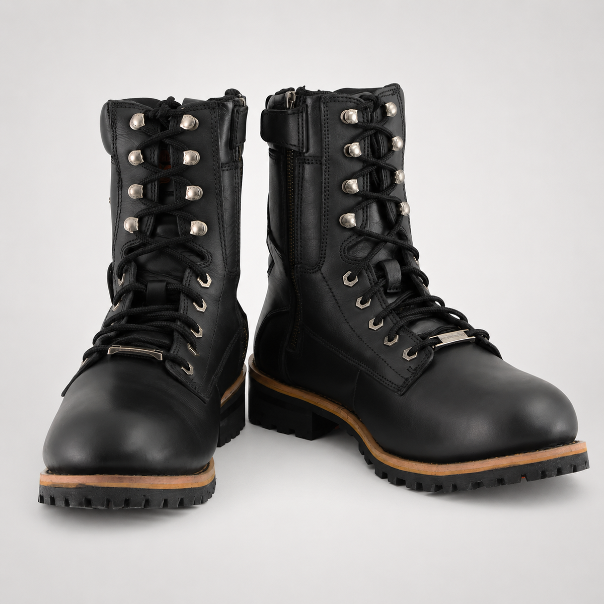 Mens Black Leather Logger Boots - Speed Hook Orange Grip Sole