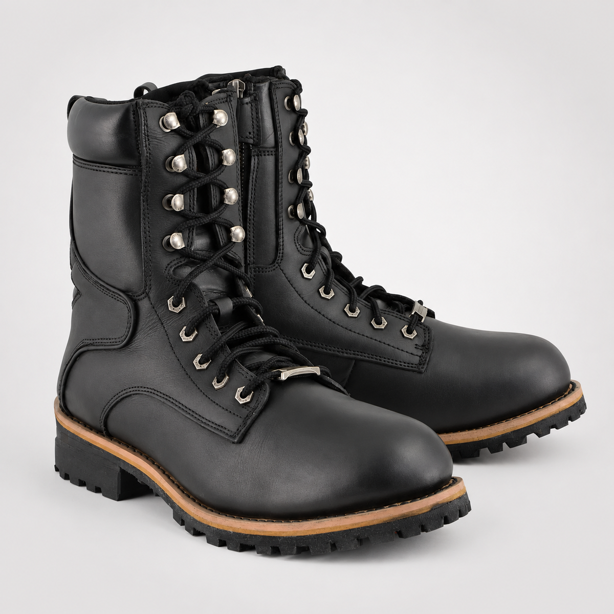Mens Black Leather Logger Boots - Speed Hook Orange Grip Sole