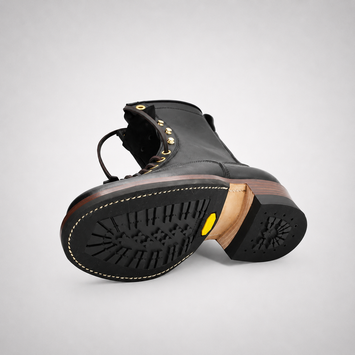 Mens Black Heritage Trail Boots - Moc Toe Gold Eyelet Welt Sole