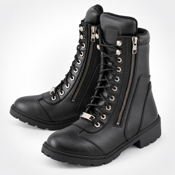 Womens Black Leather Side Zip Ball-Stud Lace-Up Combat Boots - Cap Toe Padded Collar