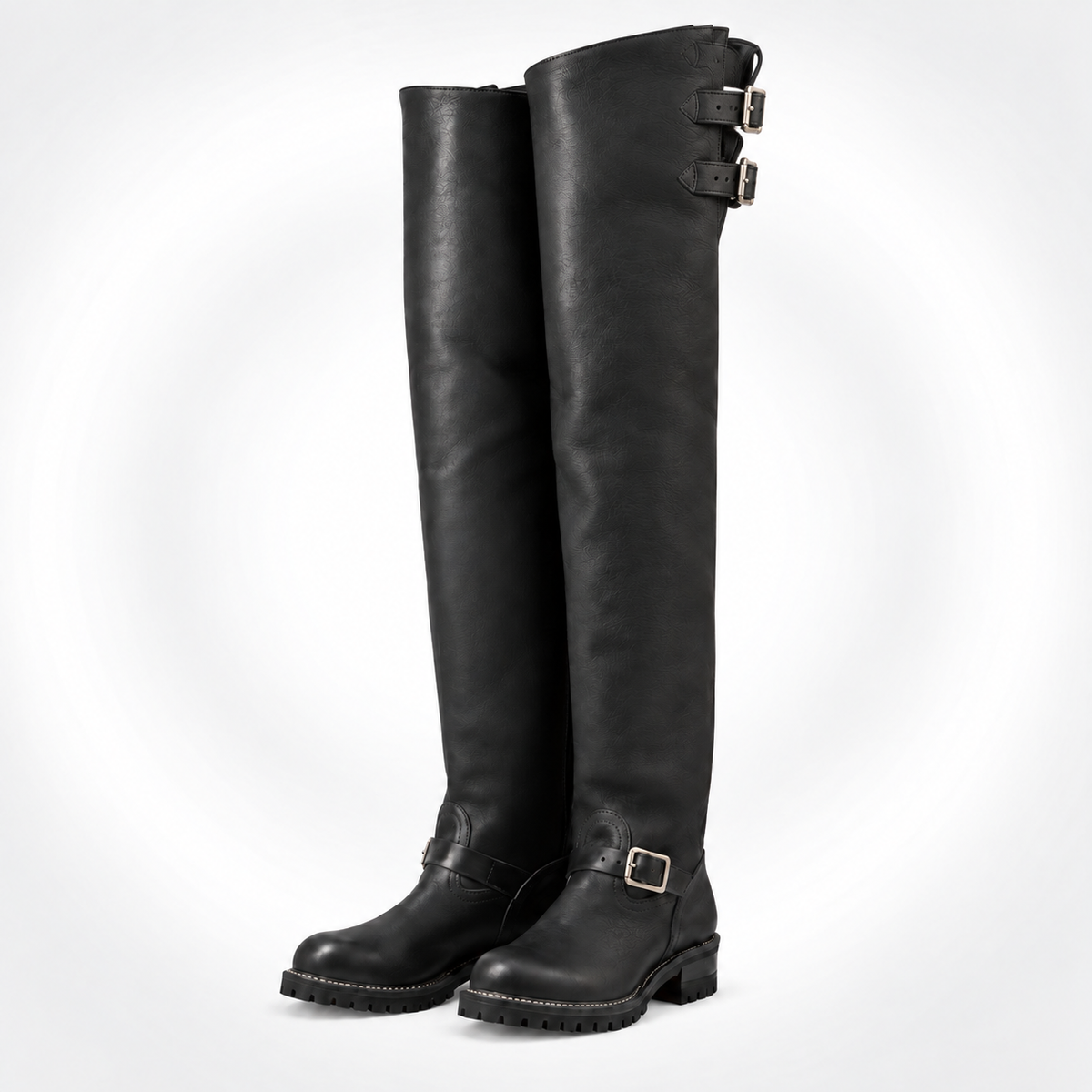 The Big Boss Leather Boots Over-the-Knee Triple Buckle Engineering Boots - Chunky Block Heel