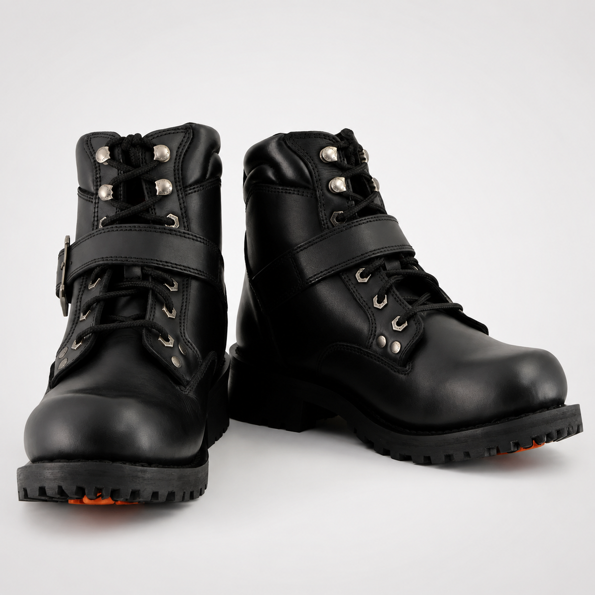 Mens Black Biker Ankle Boots - Buckle Instep Padded Collar