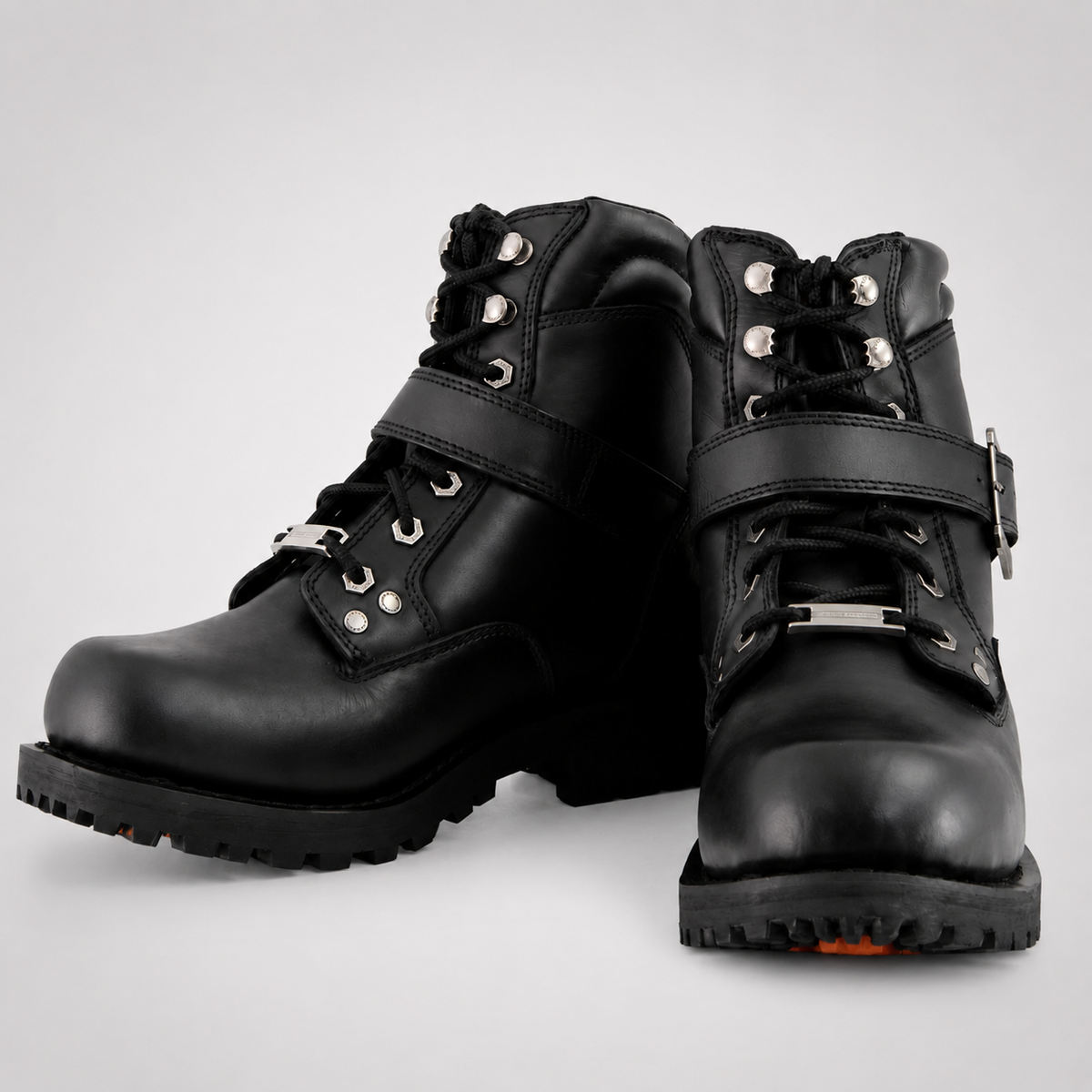 Mens Black Biker Ankle Boots - Buckle Instep Padded Collar