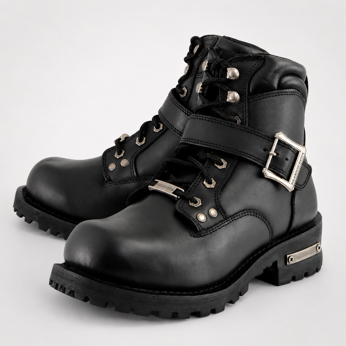 Mens Black Biker Ankle Boots - Buckle Instep Padded Collar