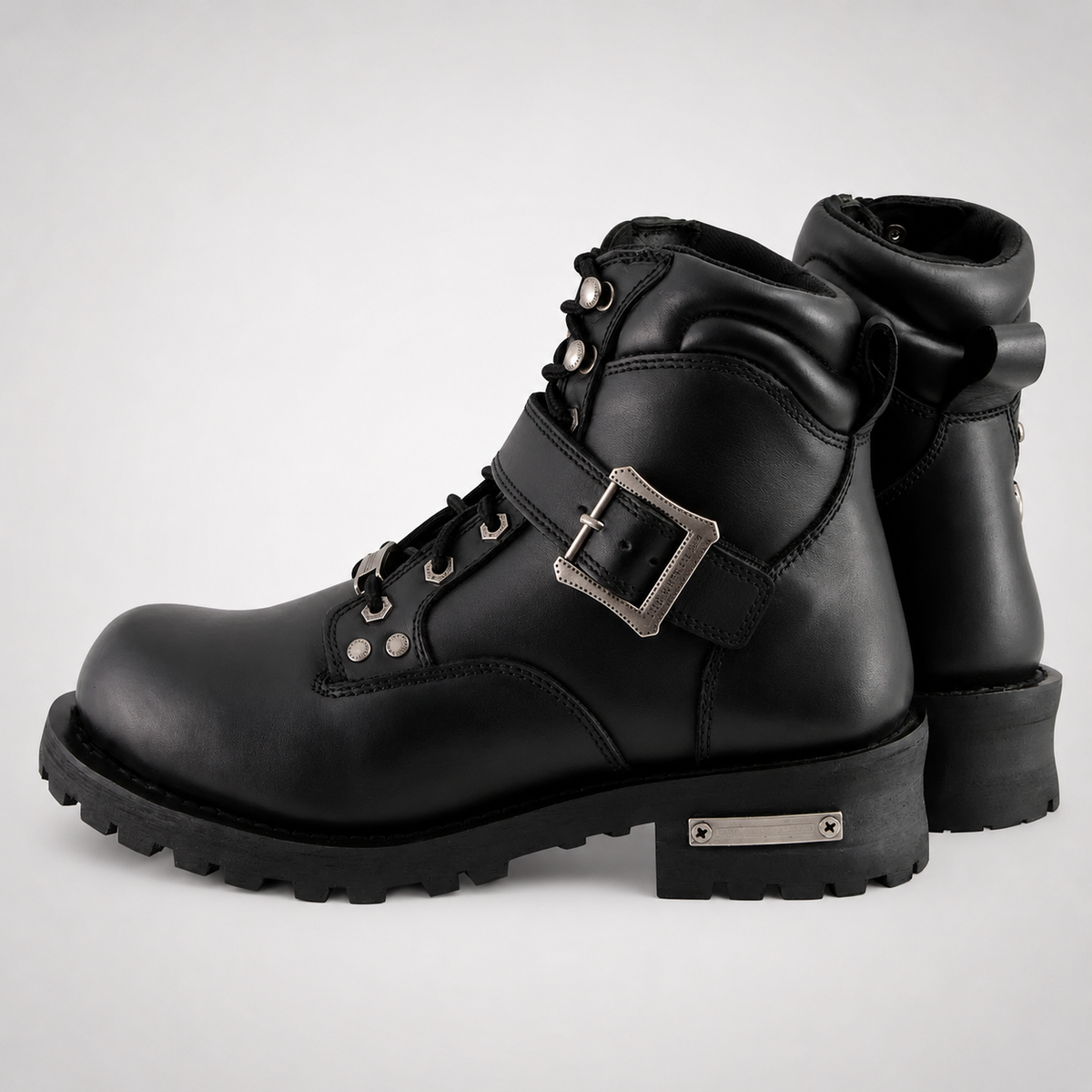 Mens Black Biker Ankle Boots - Buckle Instep Padded Collar
