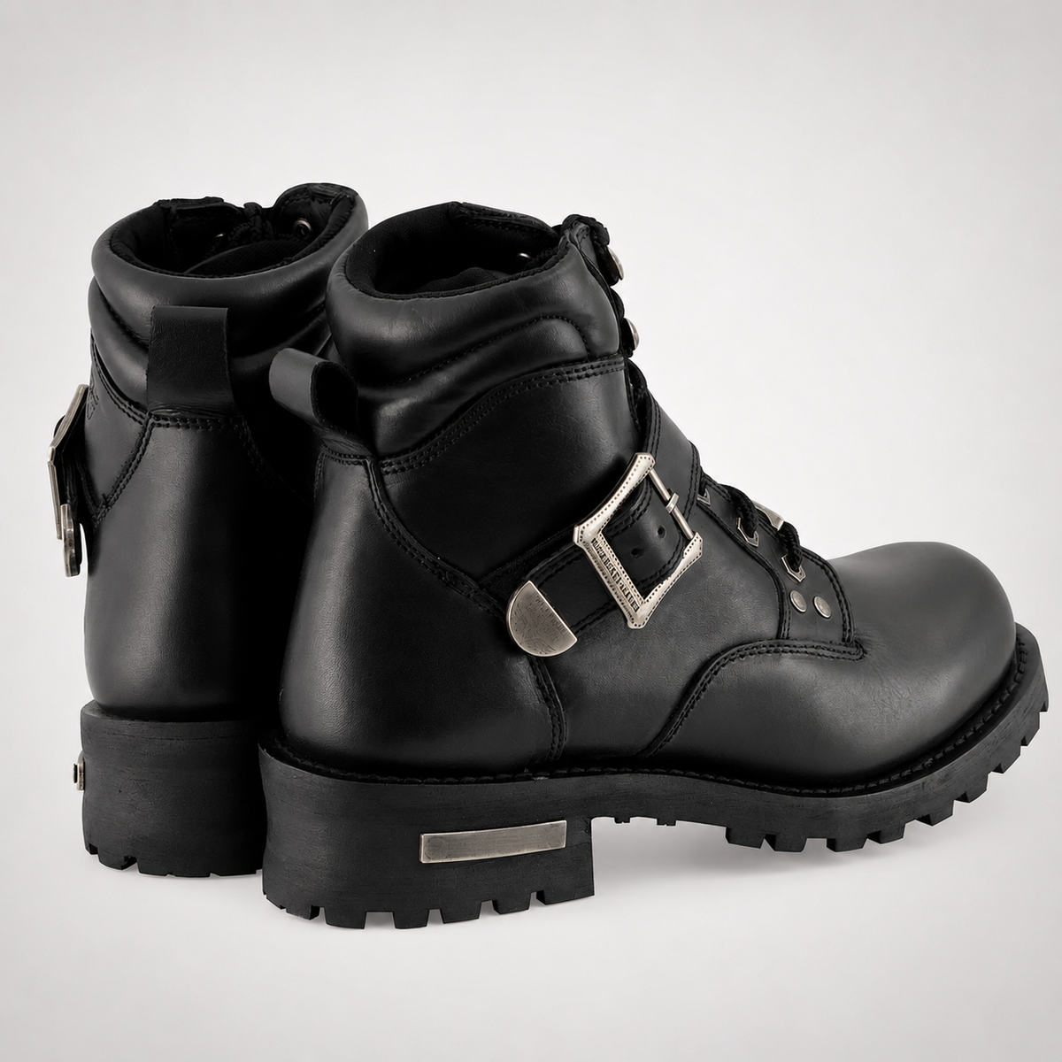 Mens Black Biker Ankle Boots - Buckle Instep Padded Collar