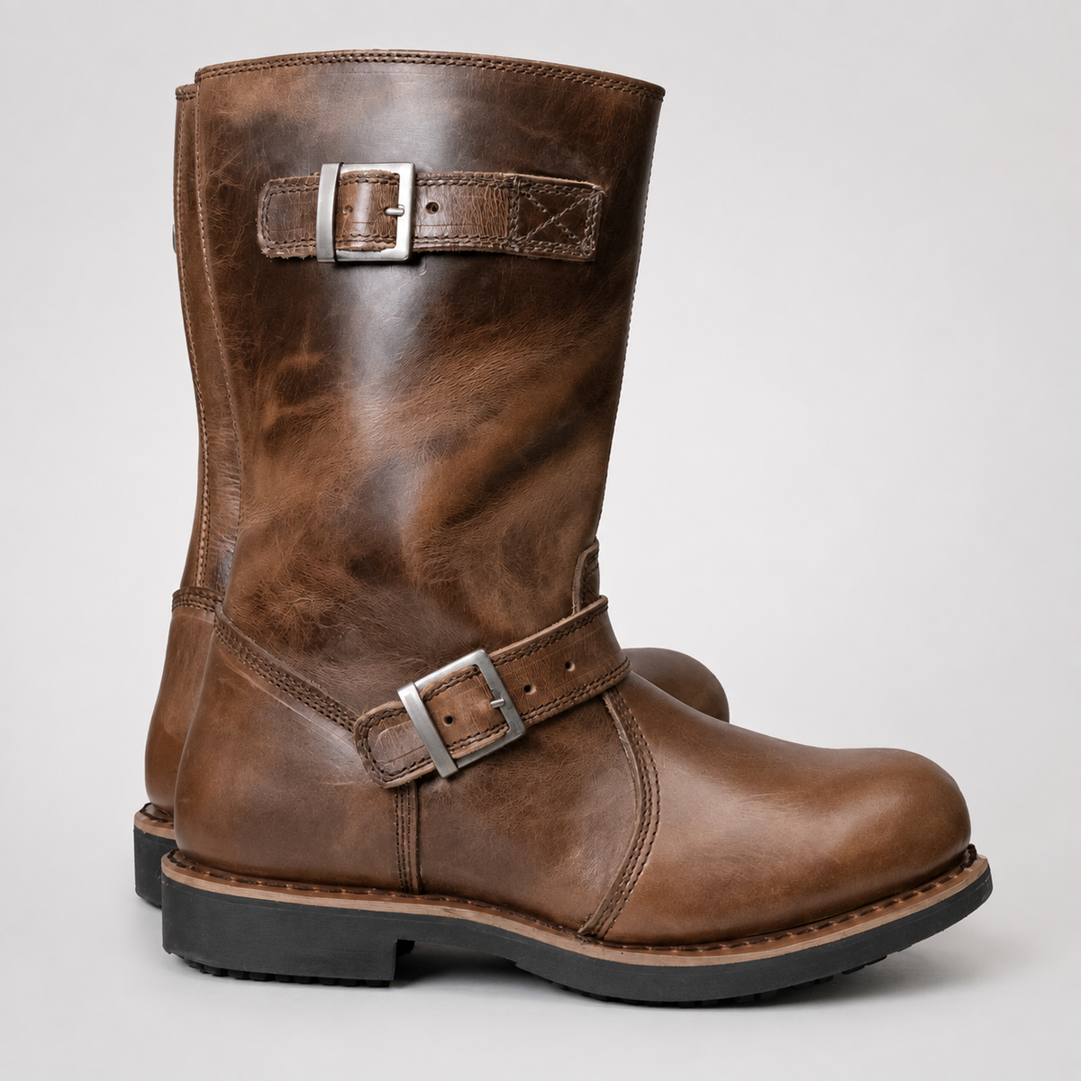 Mens Tan Brown Engineer Boots - Oiled Leather Dual Buckle