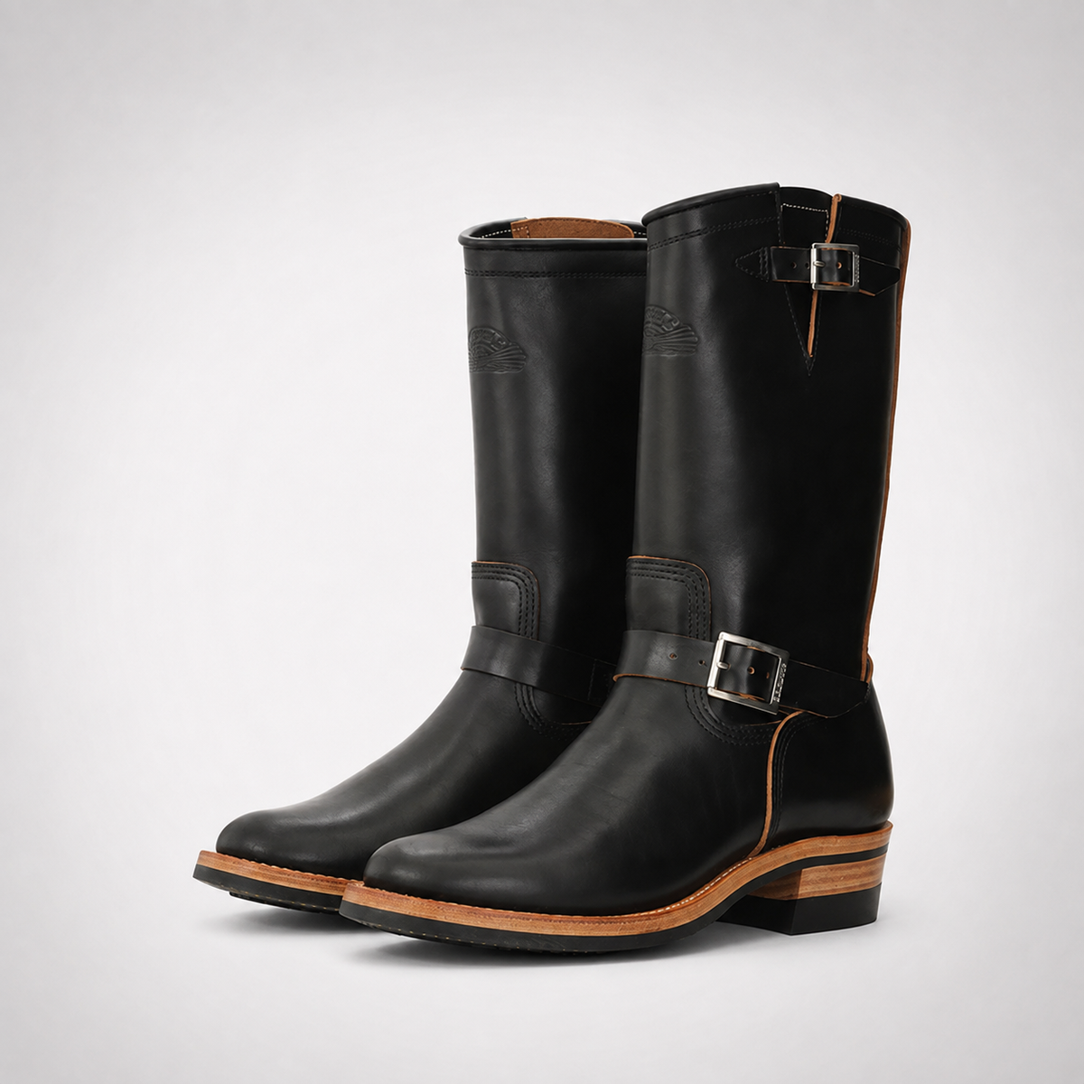 Mens Black Tall Shaft Engineer Boots - Dual Buckle Tan Layered Welt