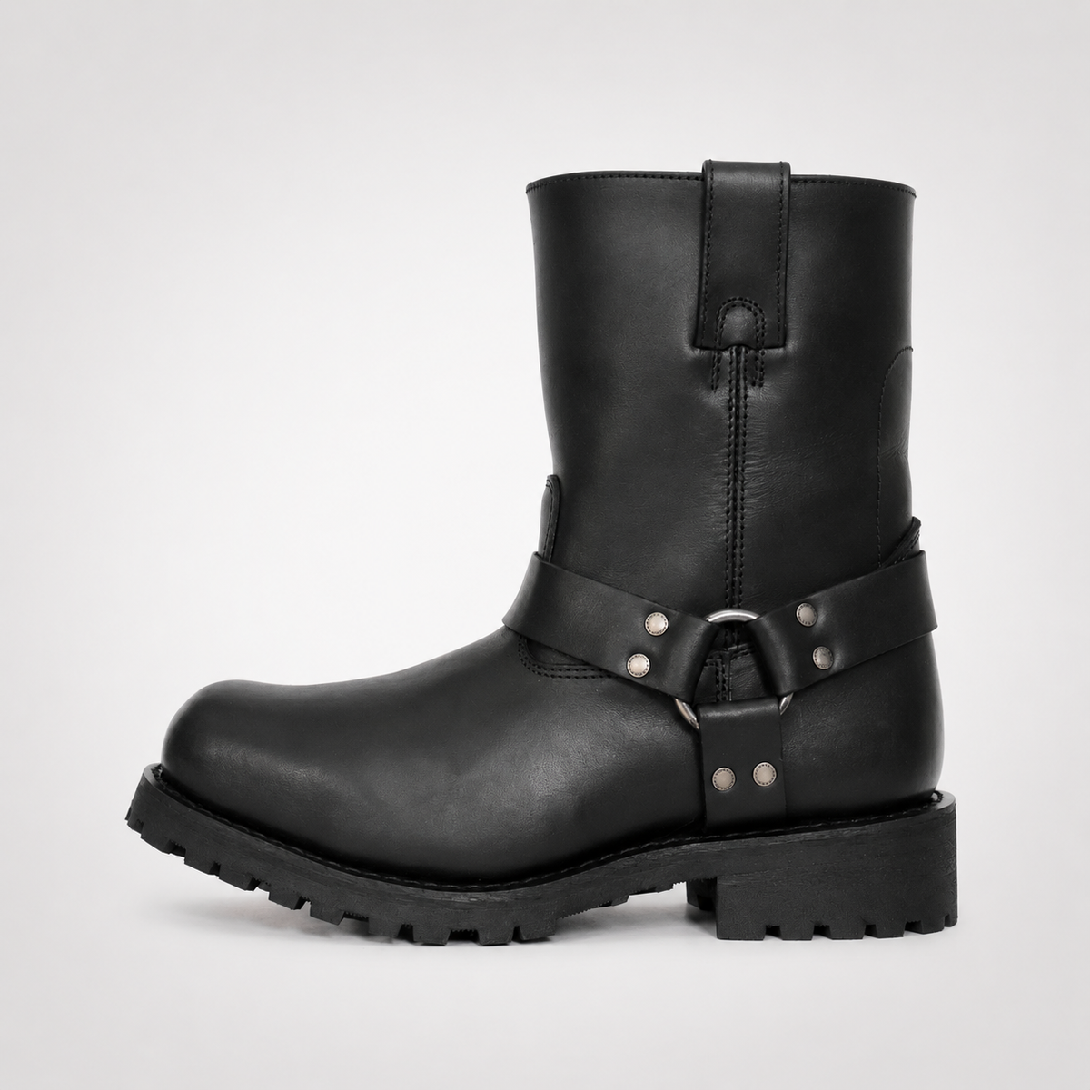 Mens Black Pull-On Harness Boots - D-Ring Rivet Lug Sole