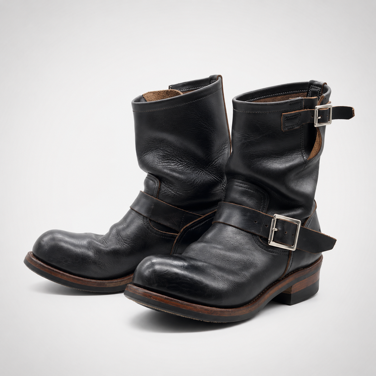 Mens Black Tumbled Leather Engineer Boots - Dual Buckle Brown Welt