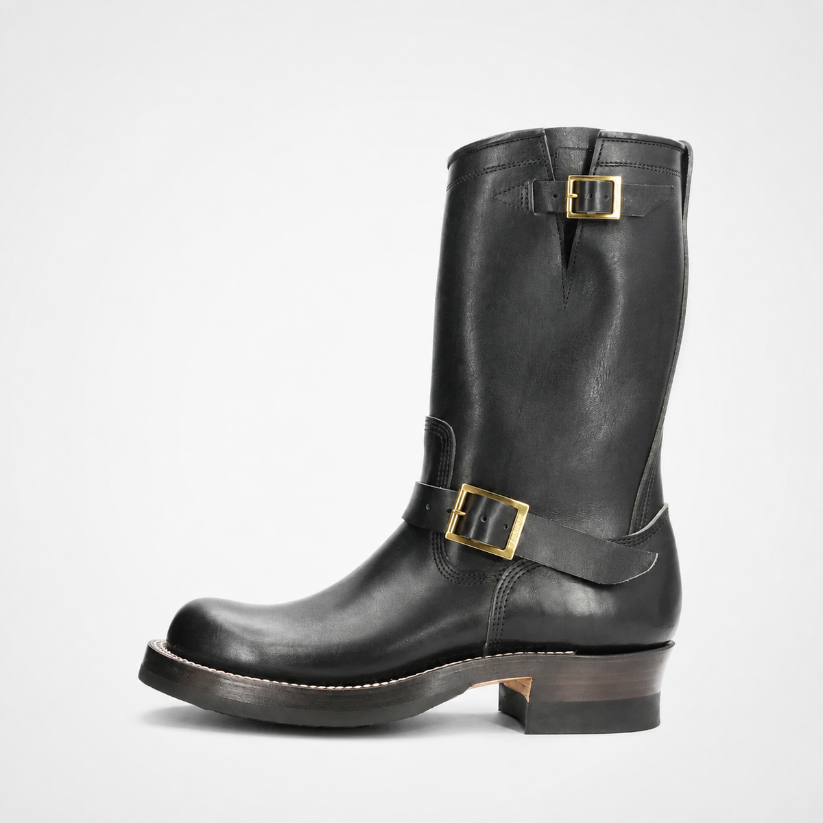 Mens Black Leather Engineer Boots - Dual Brass Buckle White Welt Stitch