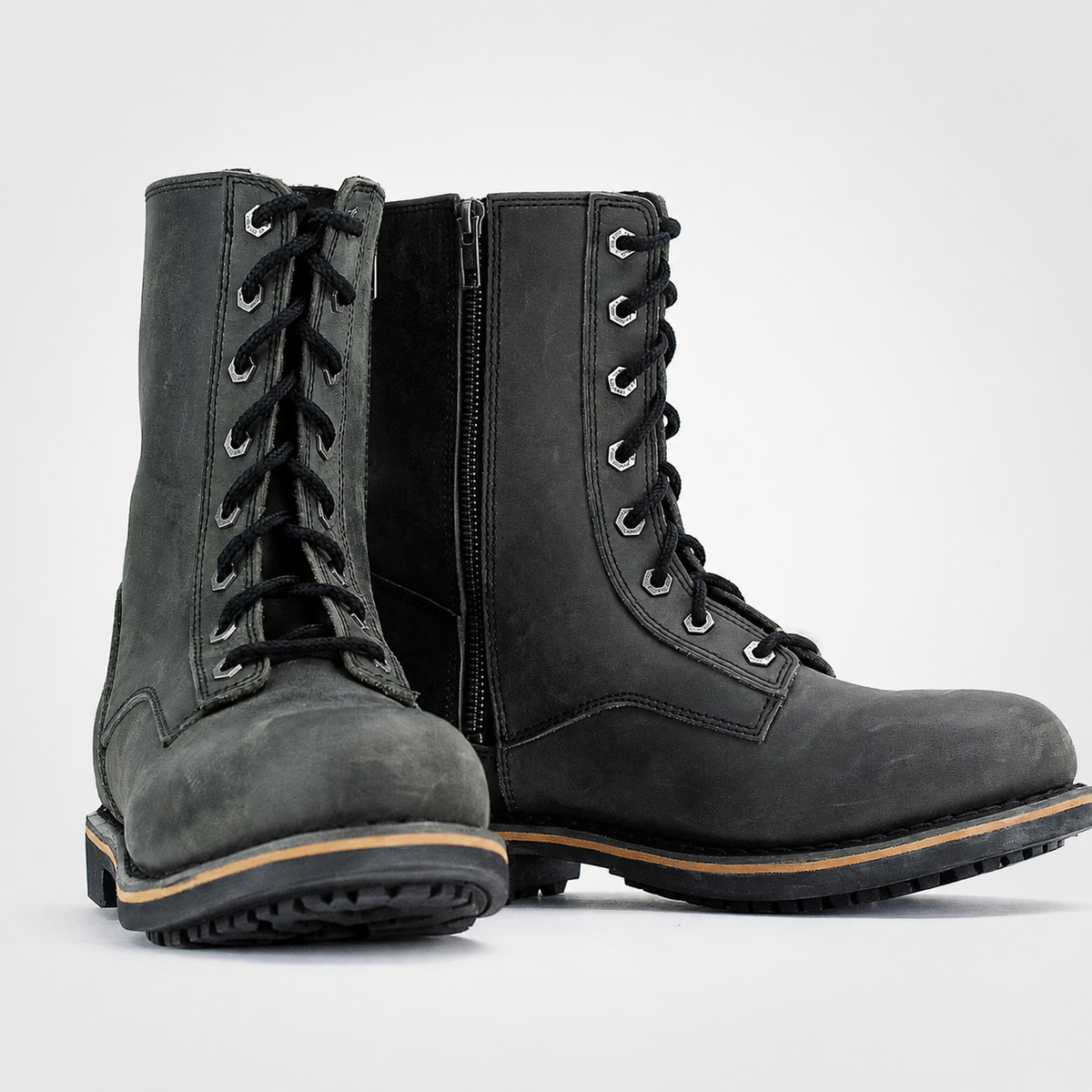 Mens Grey Waxed Leather Boots - Tall Shaft Side Zip Heritage