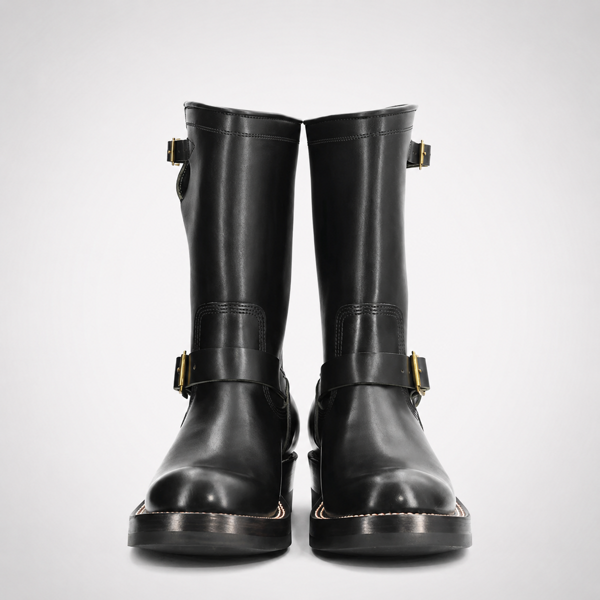 Mens Black Engineer Boots - Tan Piped Seams Dual Brass Buckle Welt