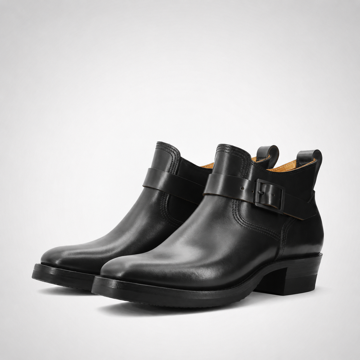 Mens Black Monk-Strap Ankle Boots - Tonal Buckle Block Heel