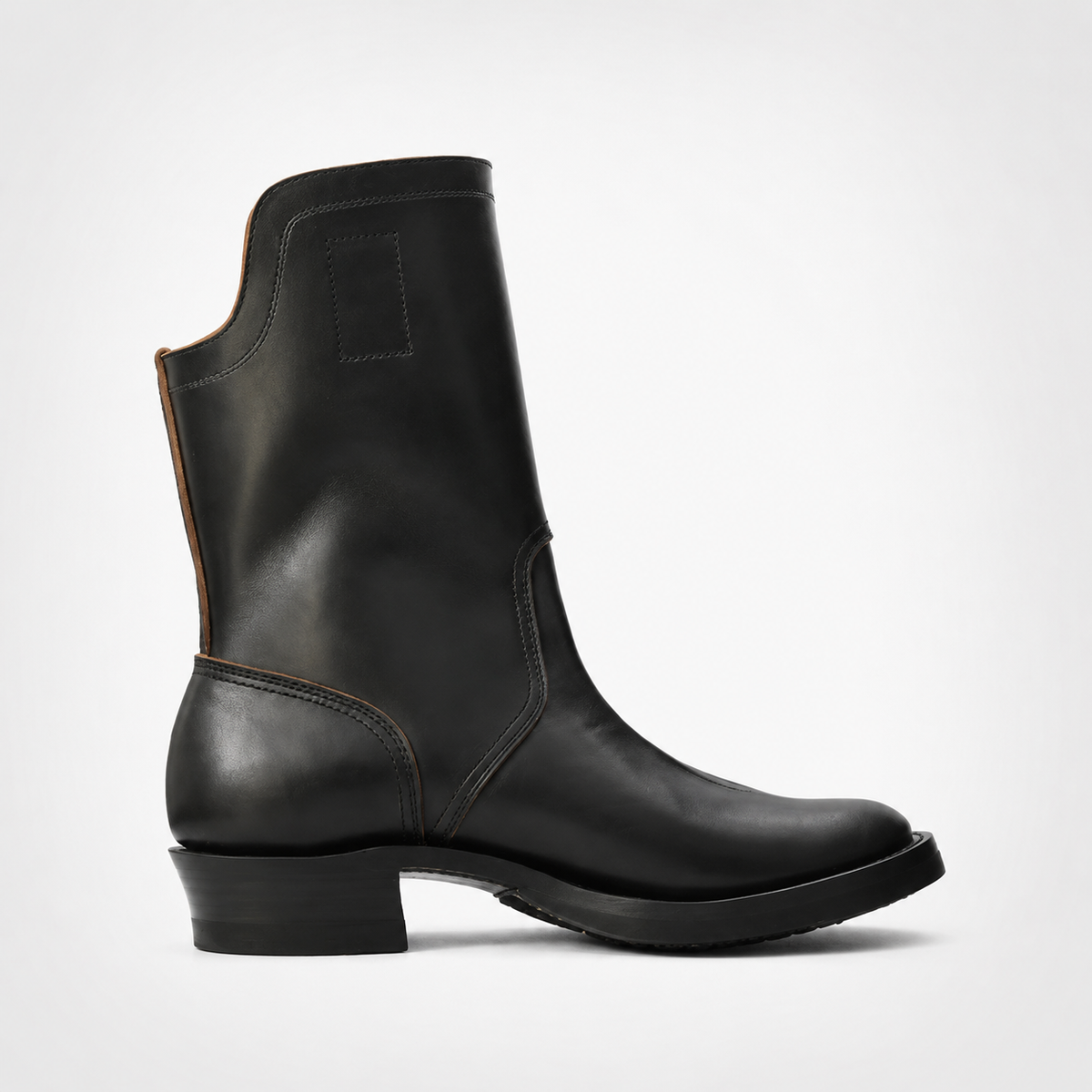 Mens Black Pull-On Leather Boots - Notched Collar Tan Back Panel