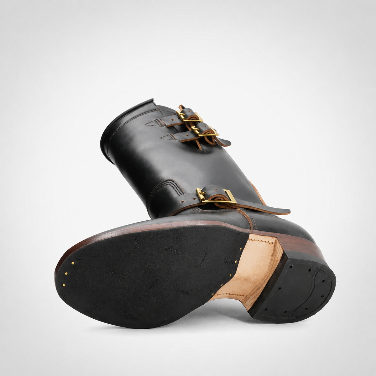 Mens Black Tall Biker Boots - Brass Buckle Mahogany Welt Sole