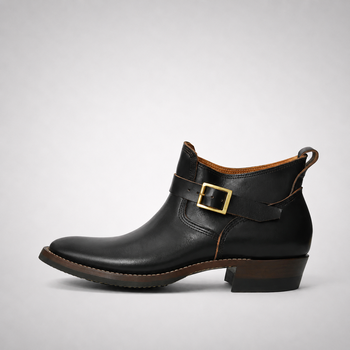 Mens Black Jodhpur Ankle Boots - Gold Buckle Pointed Toe Welt