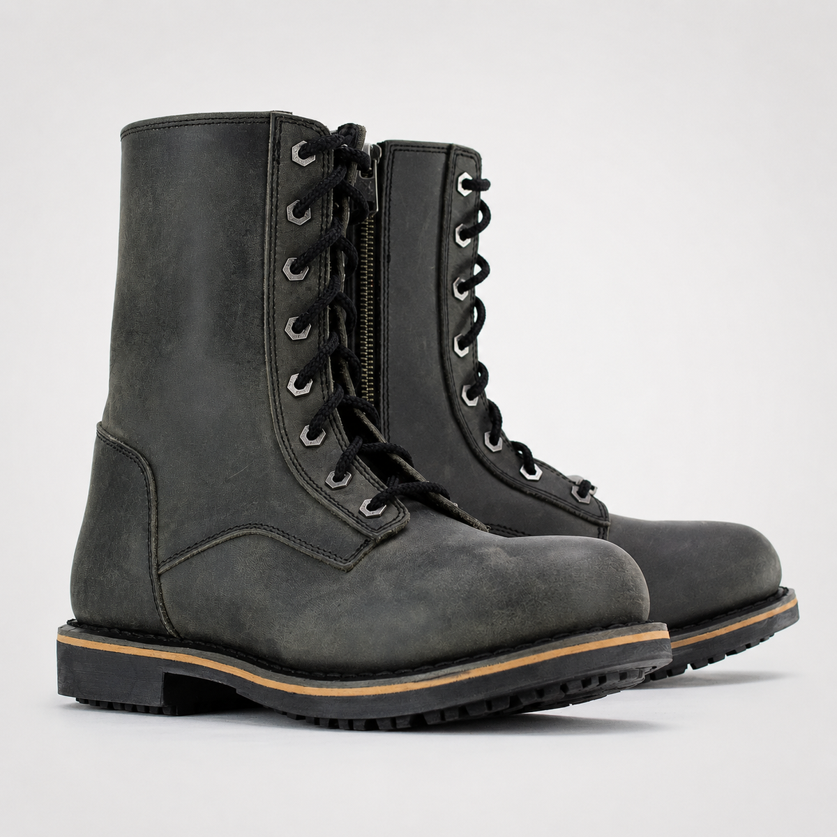 Mens Grey Waxed Leather Boots - Tall Shaft Side Zip Heritage
