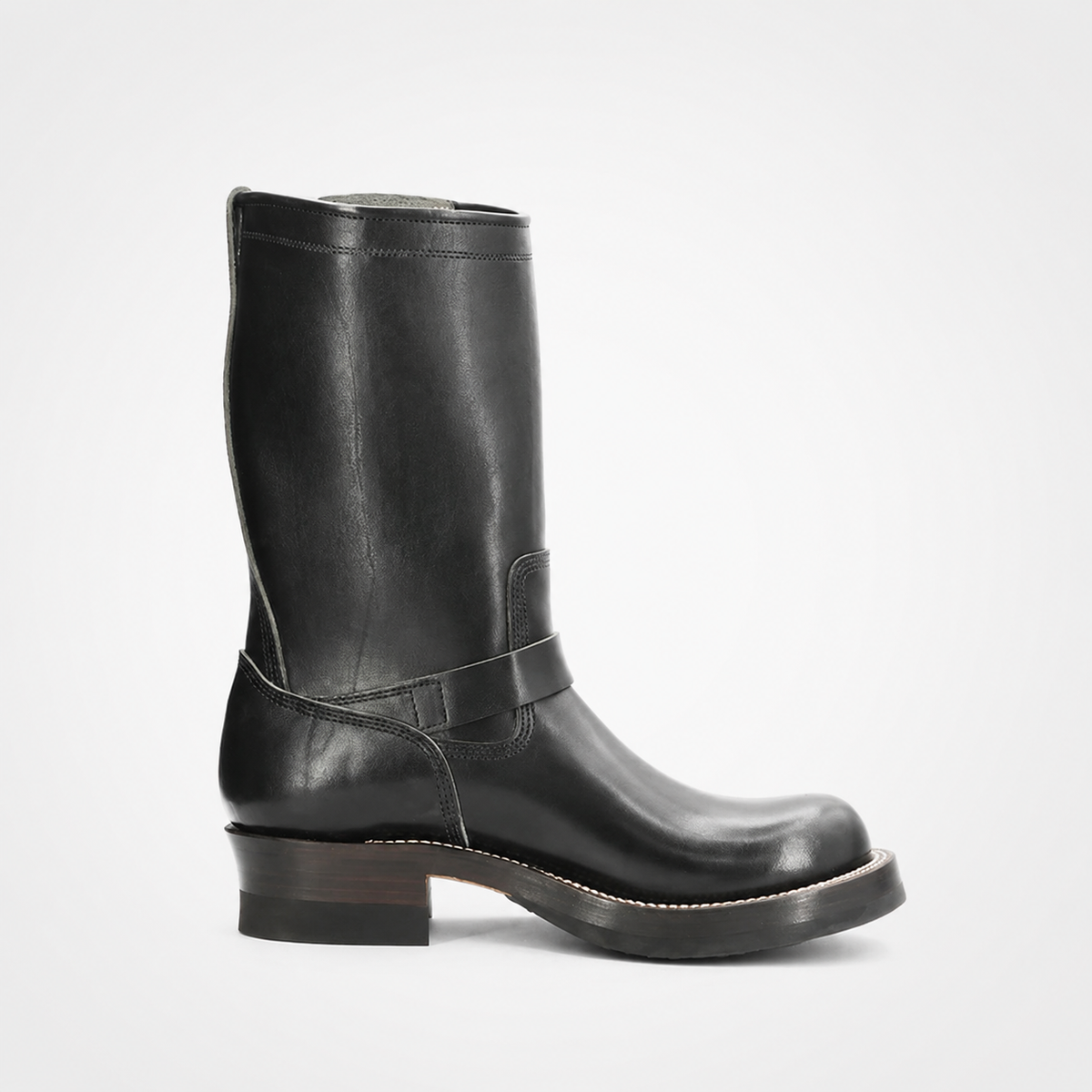 Mens Black Leather Engineer Boots - Dual Brass Buckle White Welt Stitch