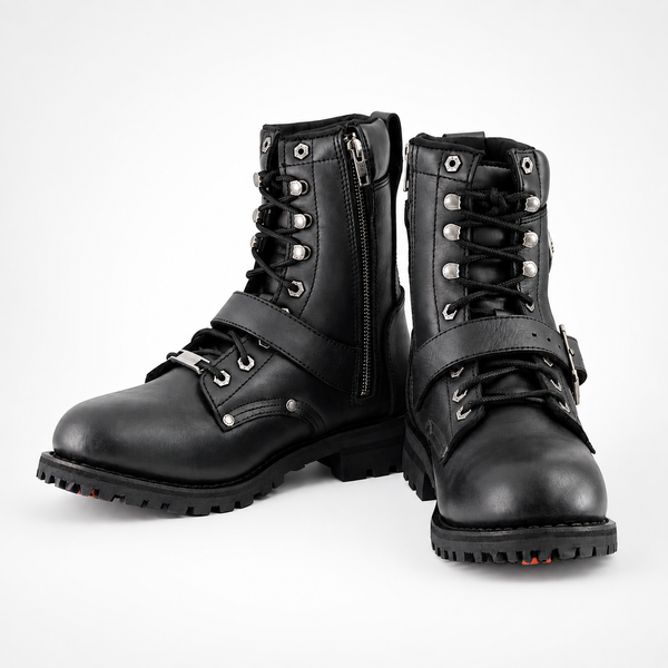 Womens Black Lace-Up Platform Combat Boots - Buckle Strap Metal Plate Back Zip