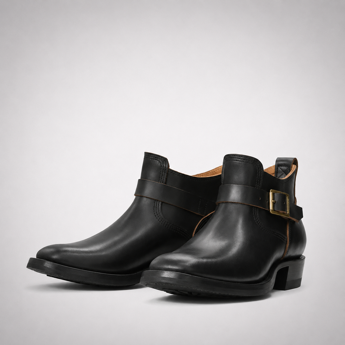 Mens Black Leather Riding Ankle Boots - Cross Strap Gold Buckle