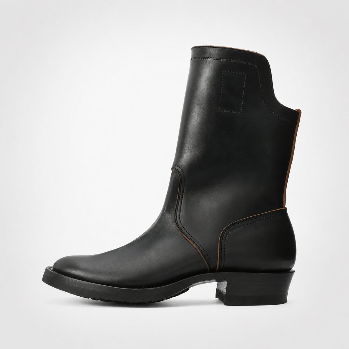 Mens Black Pull-On Leather Boots - Notched Collar Tan Back Panel
