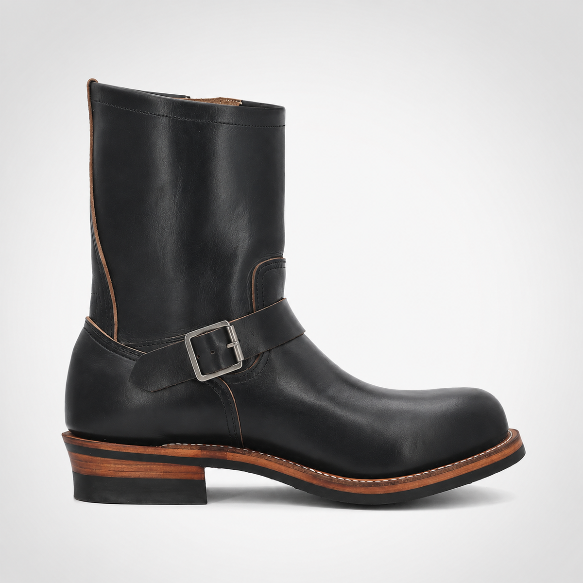 Mens Black Tumbled Leather Engineer Boots - Dual Buckle Brown Welt