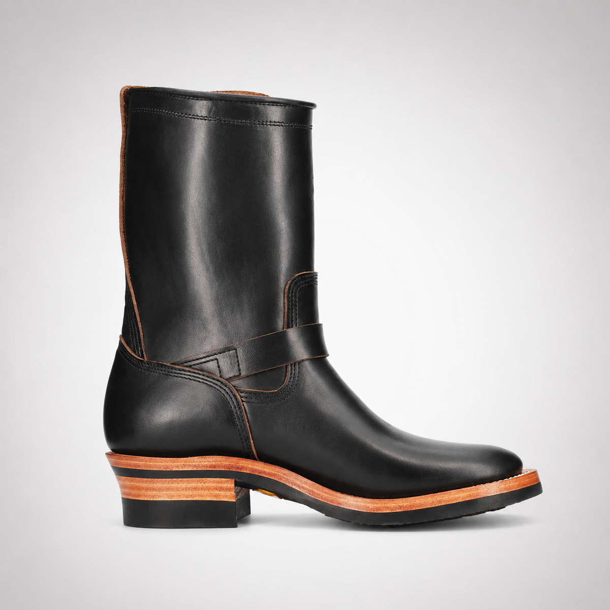 Mens Black Mid-Calf Biker Boots - D-Ring Strap Triple Tan Welt