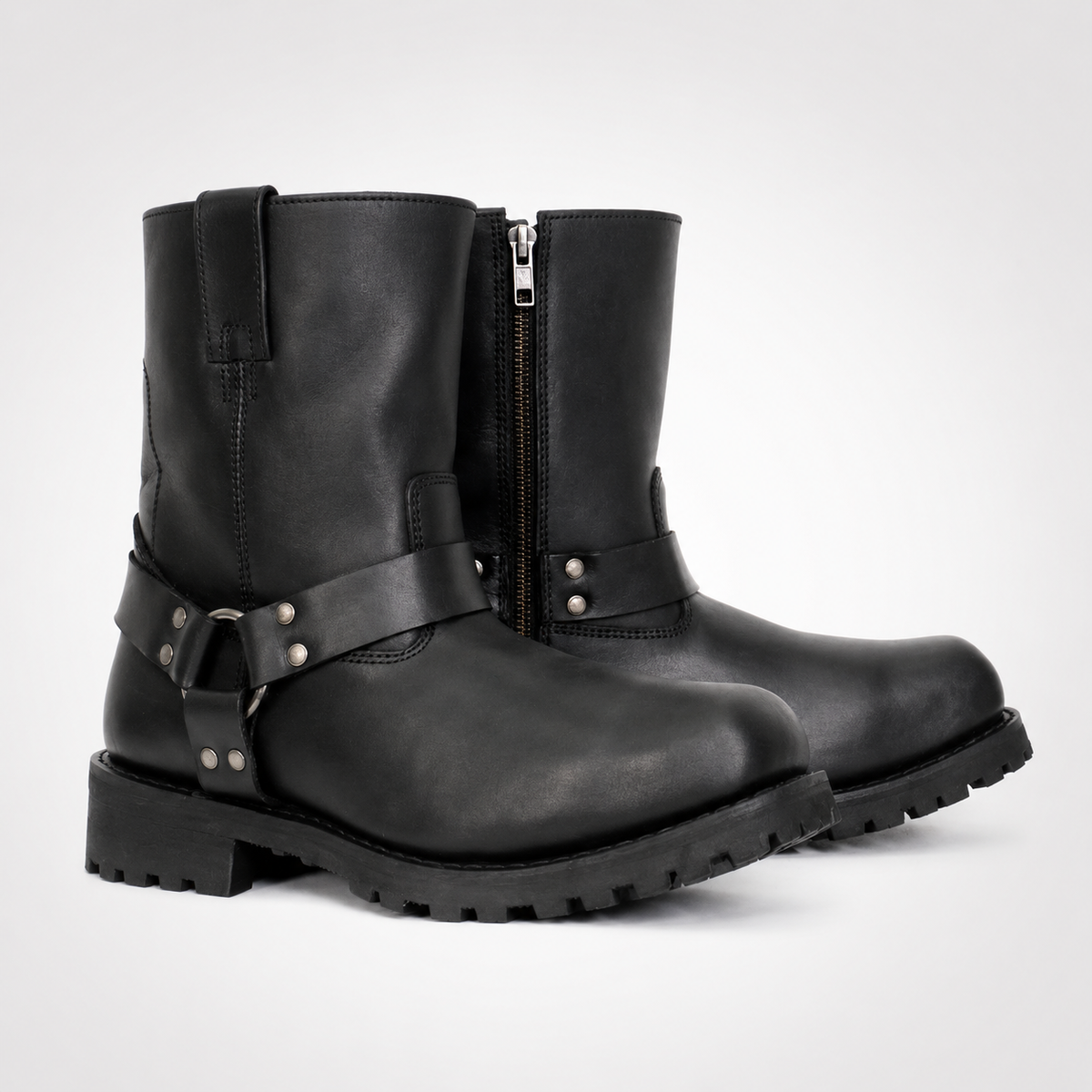 Mens Black Pull-On Harness Boots - D-Ring Rivet Lug Sole
