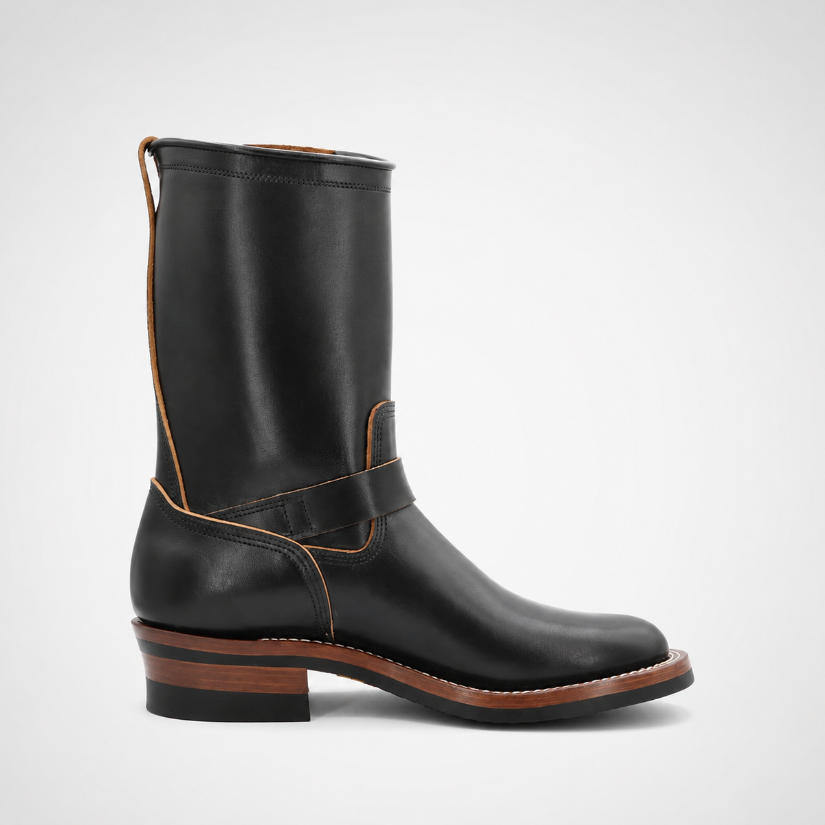 Mens Black Engineer Boots - Tan Piped Seams Dual Brass Buckle Welt
