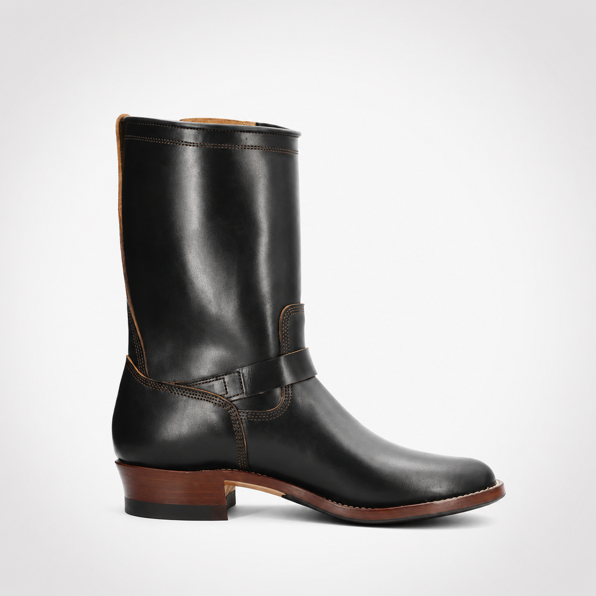 Mens Black Tall Biker Boots - Brass Buckle Mahogany Welt Sole
