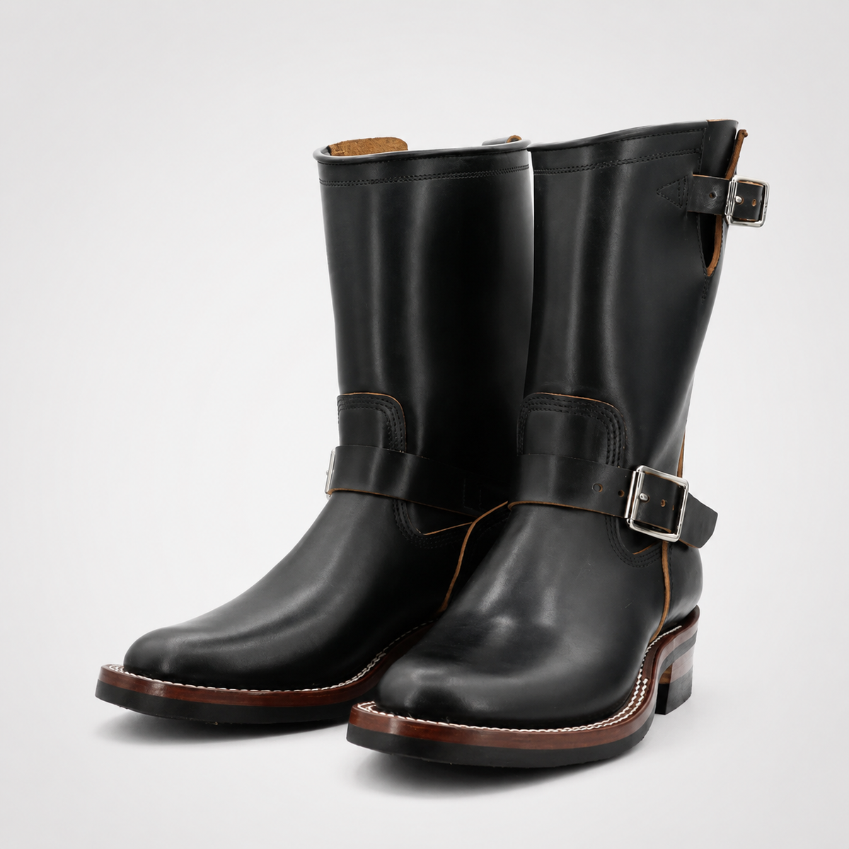 Mens Black Engineer Boots - Tan Piped Seams Dual Brass Buckle Welt