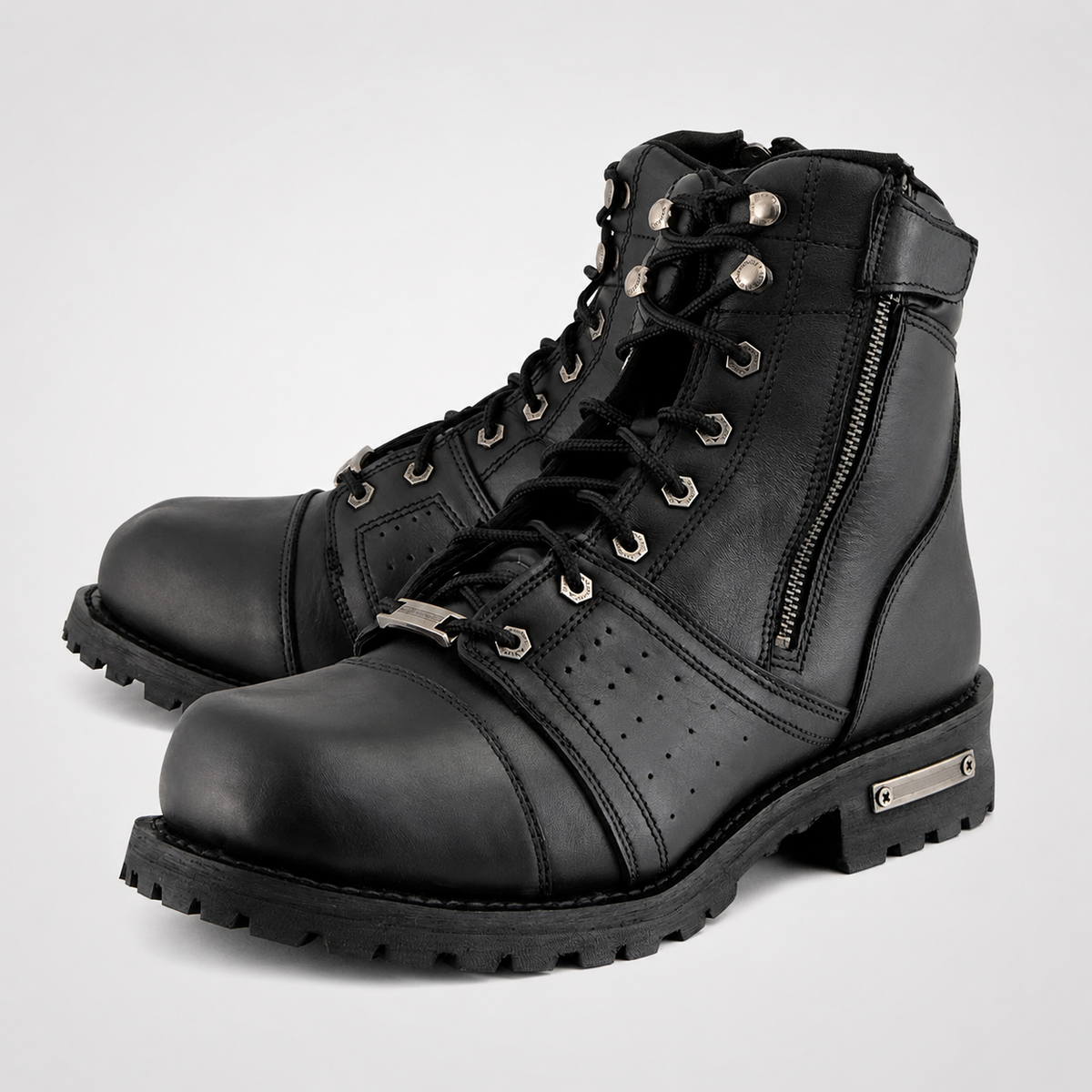 Mens Black Leather Work Boots - D-Ring Lace-Up Cap Toe